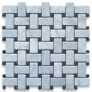 Carrara White 1x2 Basketweave with Black Dots Tumbled Marble Mosaic